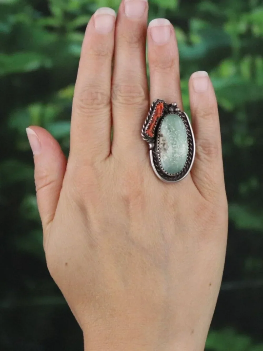 Sterling Silver Natural Turquoise & Coral Ring Size 7